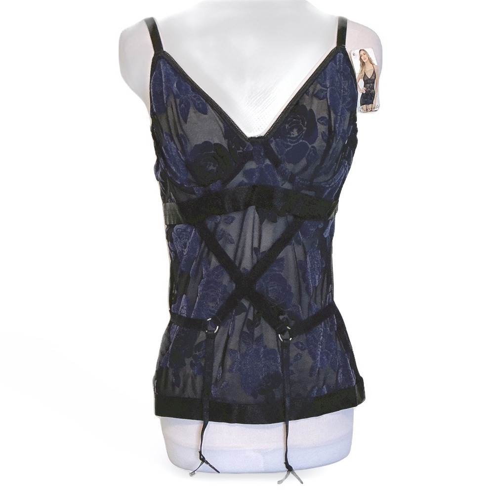 Escante Black Navy Velvet Burnout Rose Bustier Chemise Garters 37792H Large NWT
